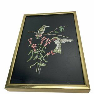 Bird on a branch SCRATCH BOARD ART 5x7 ALUMINIUM FRAME signed